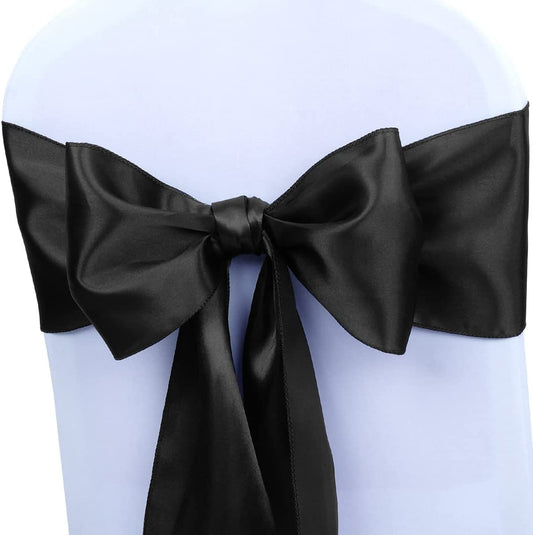 50 PCS Black Satin Chair Sashes Bows Universal Chair Cover for Wedding Reception Restaurant Event Decoration Banquet,Party  (7 x 108 inch)