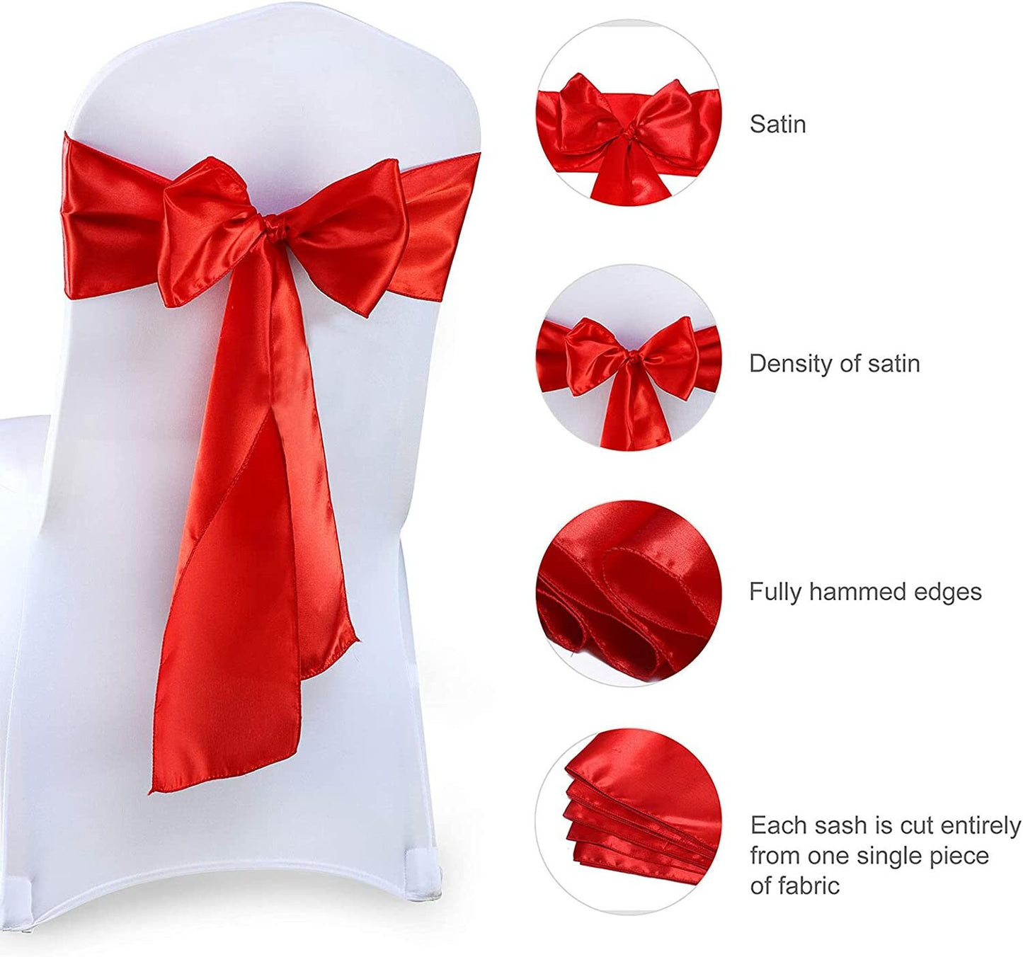 50 PCS Red Satin Chair Sashes Bows Universal Chair Cover for Wedding Reception Restaurant Event Decoration Banquet,Party  (7 x 108 inch)