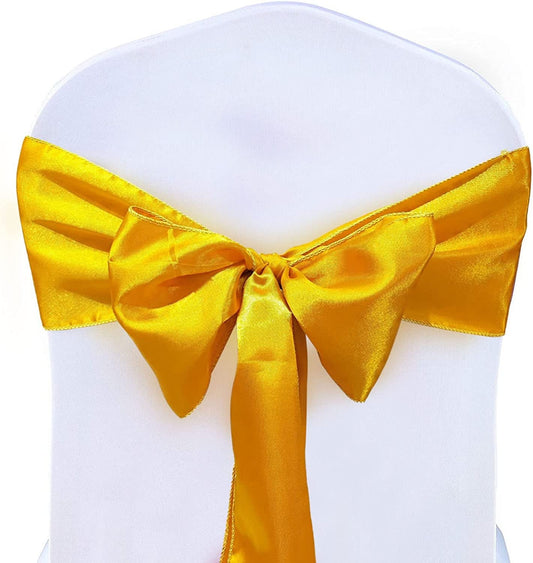 50 PCS Gold Satin Chair Sashes Bows Universal Chair Cover for Wedding Reception Restaurant Event Decoration Banquet,Party  (7 x 108 inch)