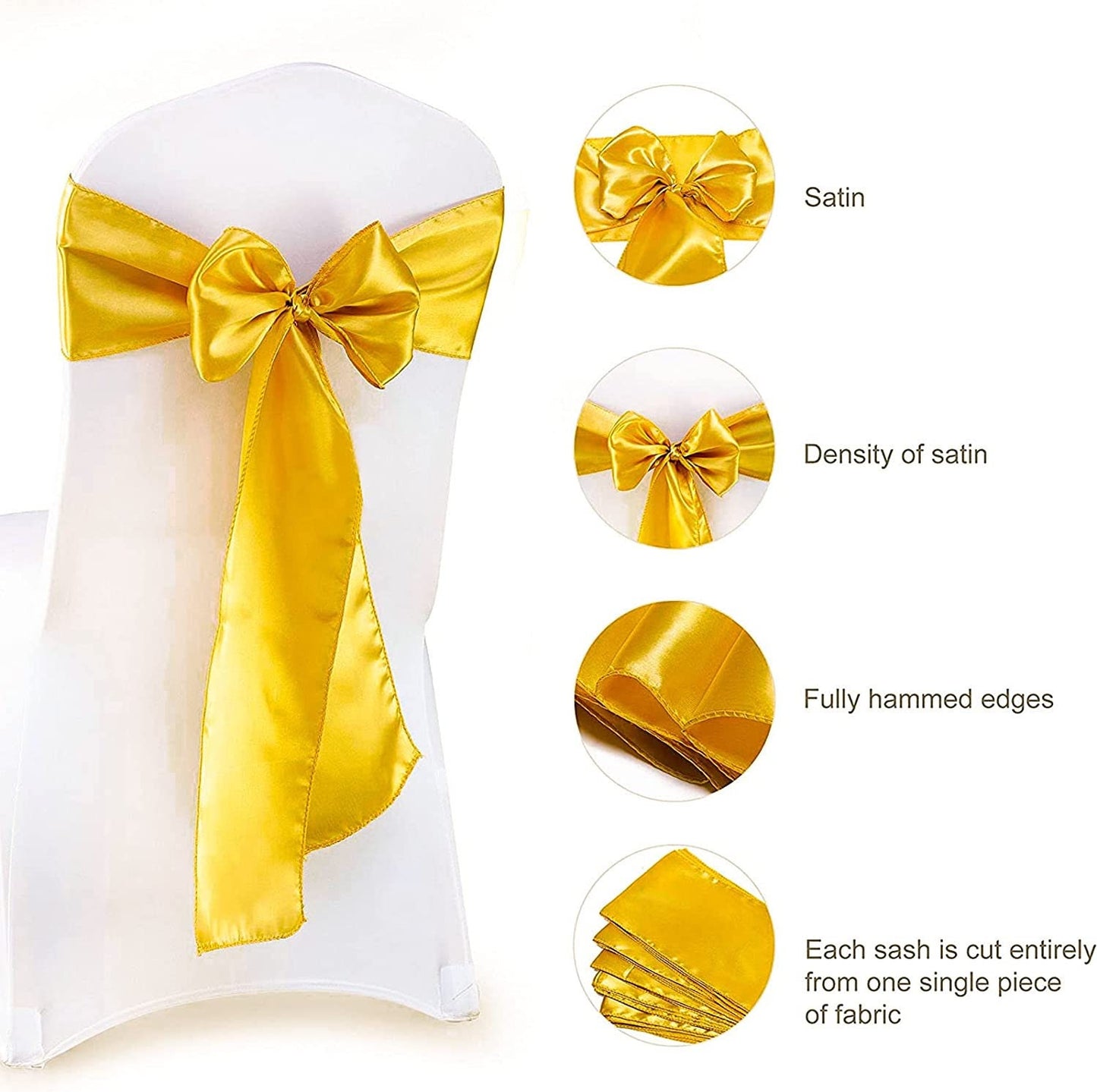 50 PCS Gold Satin Chair Sashes Bows Universal Chair Cover for Wedding Reception Restaurant Event Decoration Banquet,Party  (7 x 108 inch)