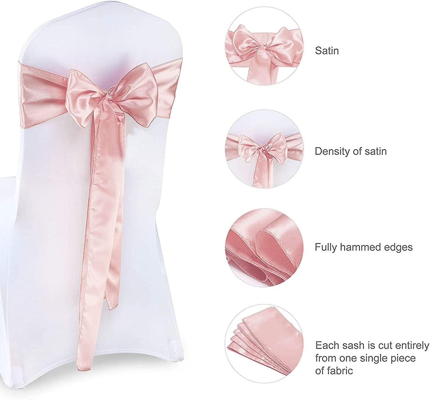 50 PCS Blush Satin Chair Sashes Bows Universal Chair Cover for Wedding Reception Restaurant Event Decoration Banquet,Party  (7 x 108 inch)