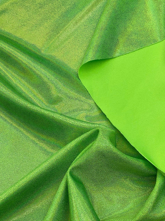 Iridescent Foggy Foil Metallic Lime Green 4 Way Stretch Nylon Spandex Fabric Sold By Yard