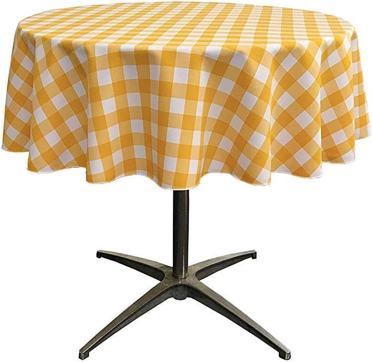 Checkered Gingham Plaid Round Tablecloth for Small Coffee Table (White & Dk Yellow