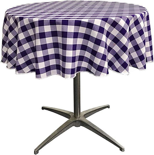 Checkered Gingham Plaid Round Tablecloth for Small Coffee Table (White & Purple