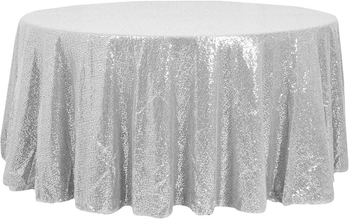 108-Inch Round Sequin Tablecloth for Wedding Party Banquet Silver