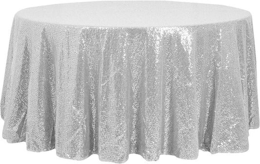 108-Inch Round Sequin Tablecloth for Wedding Party Banquet Silver