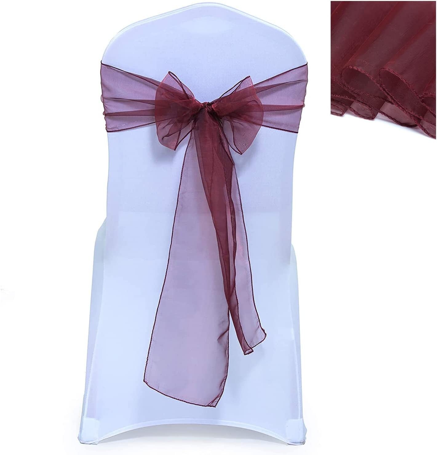 50 Pack - Sheer Organza Chair Sashes for Wedding Decorations Crystal Chairs Bows for Party Banquet Decorative Chiffon Chair Knots Burgundy