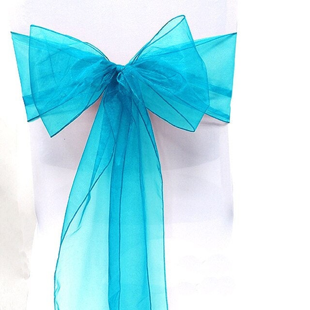 50 Pack - Sheer Organza Chair Sashes for Wedding Decorations Crystal Chairs Bows for Party Banquet Decorative Chiffon Chair Knots Turquoise