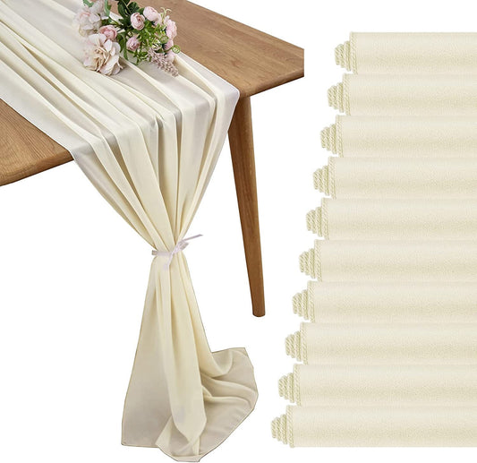 12 Pack - Chiffon Table Runner Elegant Sheer Table Runner 29"X10ft Long Rustic Table Runners for Wedding Bridal Shower Table Ivory