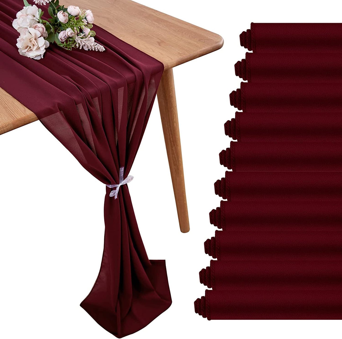 12 Pack - Chiffon Table Runner Elegant Sheer Table Runner 29"X10ft Long Rustic Table Runners for Wedding Bridal Shower Table Burgundy