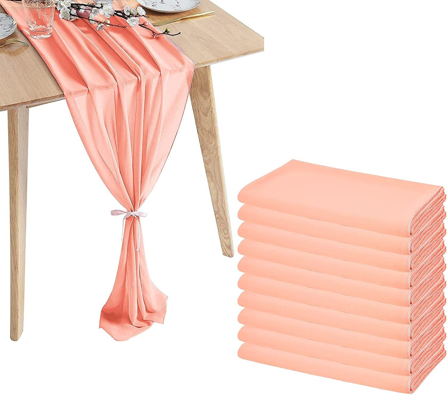 12 Pack - Chiffon Table Runner Elegant Sheer Table Runner 29"X10ft Long Rustic Table Runners for Wedding Bridal Shower Table Peach