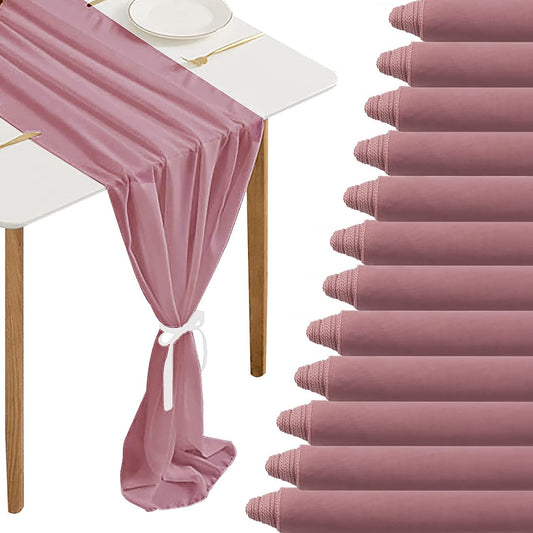 12 Pack - Chiffon Table Runner Elegant Sheer Table Runner 29"X10ft Long Rustic Table Runners for Wedding Bridal Shower Table Dusty Rose