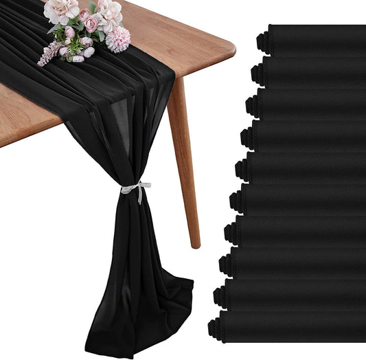 12 Pack - Chiffon Table Runner Elegant Sheer Table Runner 29"X10ft Long Rustic Table Runners for Wedding Bridal Shower Table Black