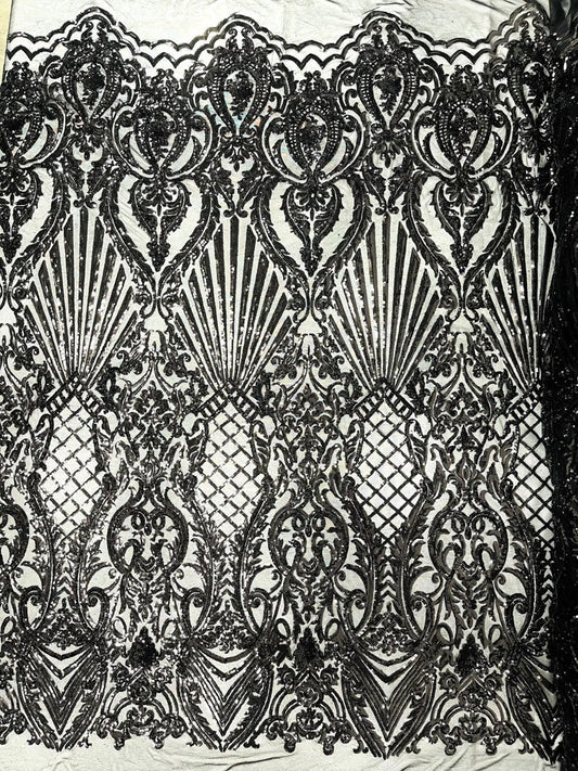 Mermaid Luxury Fashion Design with Sequins Embroider on a 4 Way Stretch Mesh Fabric-Sold by The Yard. Black