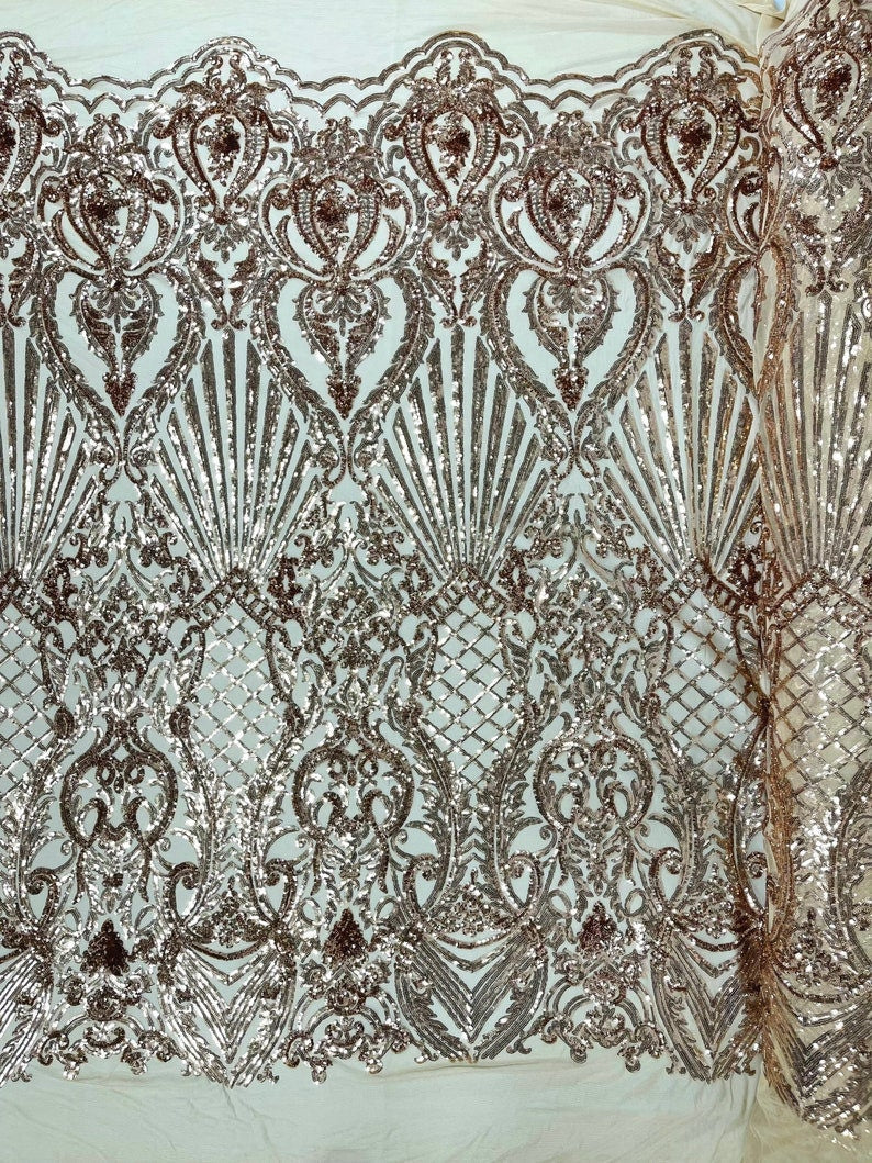 Mermaid Luxury Fashion Design with Sequins Embroider on a 4 Way Stretch Mesh Fabric-Sold by The Yard. Rose Gold