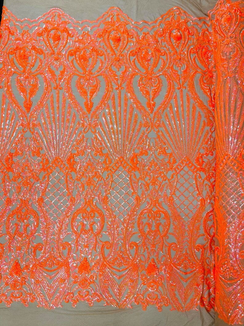 Mermaid Luxury Fashion Design with Sequins Embroider on a 4 Way Stretch Mesh Fabric-Sold by The Yard. Orange Nude