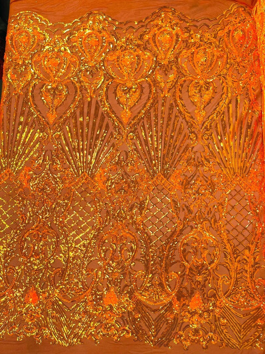 Mermaid Luxury Fashion Design with Sequins Embroider on a 4 Way Stretch Mesh Fabric-Sold by The Yard. Orange Iridescent