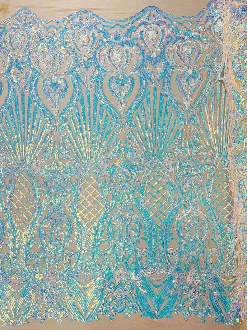 Mermaid Luxury Fashion Design with Sequins Embroider on a 4 Way Stretch Mesh Fabric-Sold by The Yard. Aqua Nude Iridescent