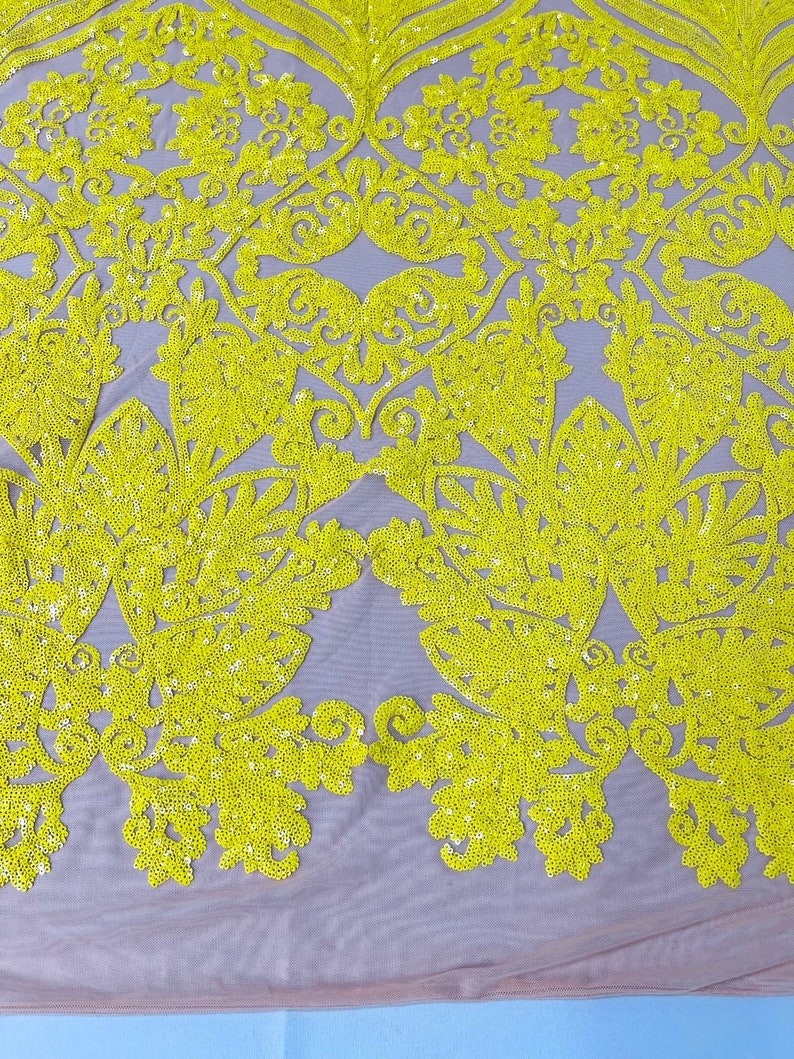 4 Way Stretch Fashion Design with Sequins Embroider on a 4 Way Stretch Mesh Fabric-Sold by The Yard. Yellow/Nude