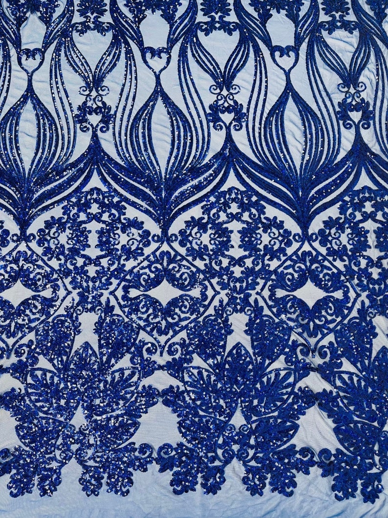 4 Way Stretch Fashion Design with Sequins Embroider on a 4 Way Stretch Mesh Fabric-Sold by The Yard. Royal Blue