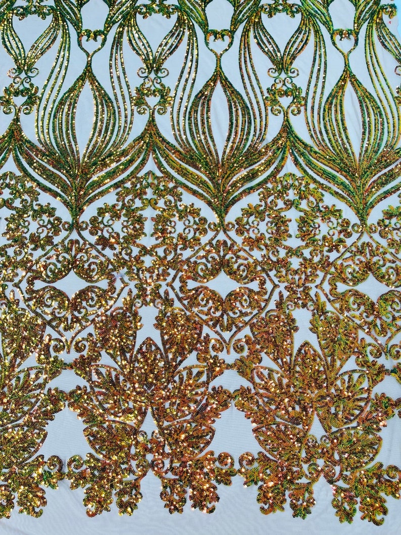 4 Way Stretch Fashion Design with Sequins Embroider on a 4 Way Stretch Mesh Fabric-Sold by The Yard. Orange/Green/Nude