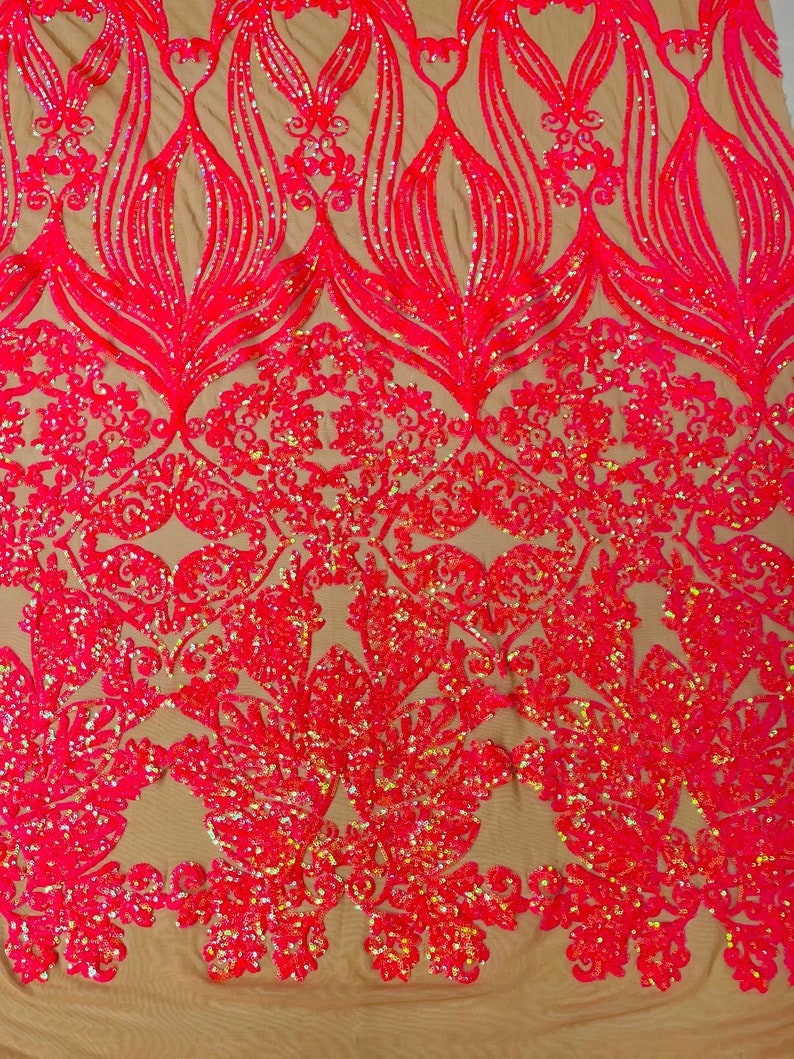 4 Way Stretch Fashion Design with Sequins Embroider on a 4 Way Stretch Mesh Fabric-Sold by The Yard. Hot Pink