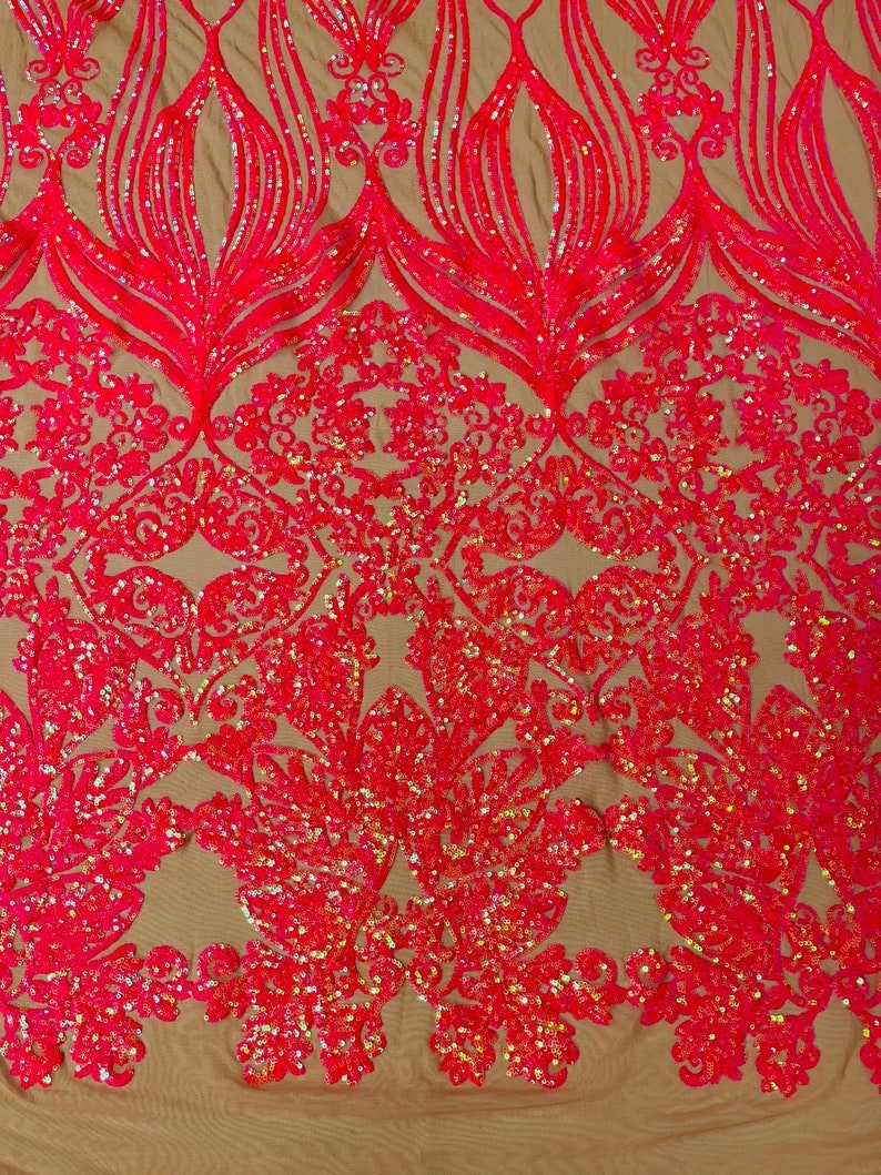 4 Way Stretch Fashion Design with Sequins Embroider on a 4 Way Stretch Mesh Fabric-Sold by The Yard. Hot Pink