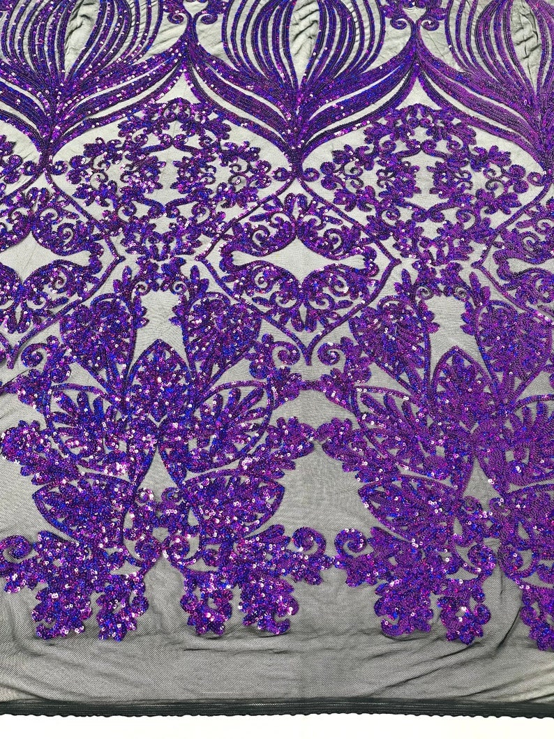 4 Way Stretch Fashion Design with Sequins Embroider on a 4 Way Stretch Mesh Fabric-Sold by The Yard. Purple