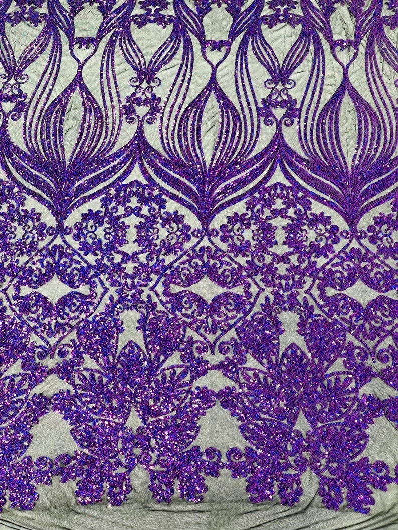 4 Way Stretch Fashion Design with Sequins Embroider on a 4 Way Stretch Mesh Fabric-Sold by The Yard. Purple