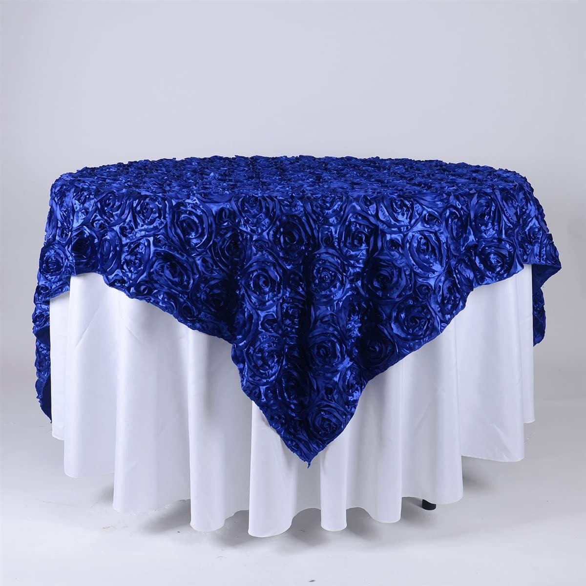 50' x 50" Royal Blue Satin Raised Rosettes Overlay Tablecloth Wedding Party Dining Room Table Linens 50" x 50"