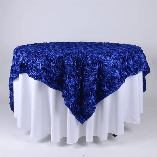 50' x 50" Royal Blue Satin Raised Rosettes Overlay Tablecloth Wedding Party Dining Room Table Linens 50" x 50"