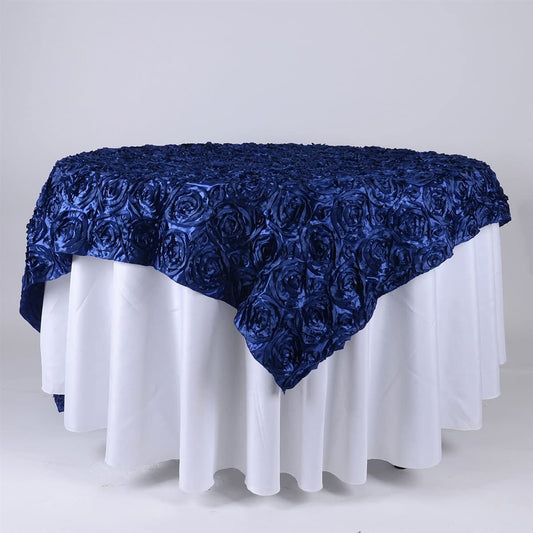 50' x 50" Navy Blue Satin Raised Rosettes Overlay Tablecloth Wedding Party Dining Room Table Linens 50" x 50"