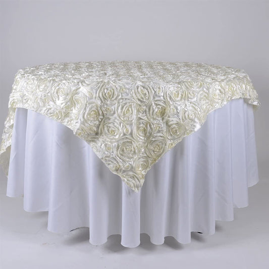 50' x 50" Ivory Satin Raised Rosettes Overlay Tablecloth Wedding Party Dining Room Table Linens 50" x 50"