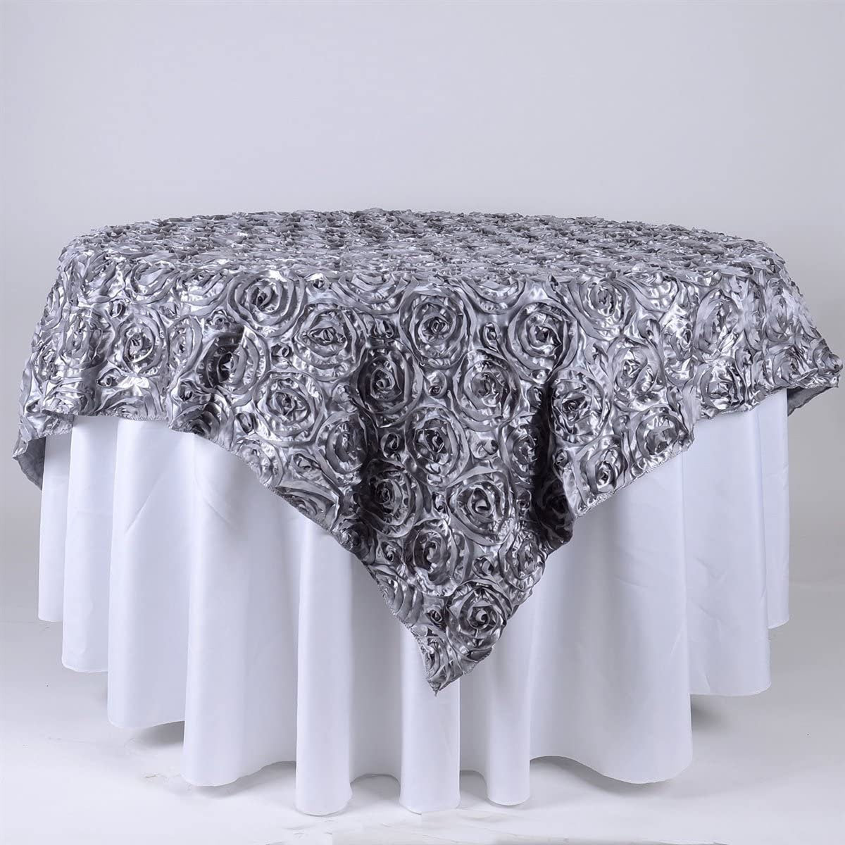 50' x 50" Silver Satin Raised Rosettes Overlay Tablecloth Wedding Party Dining Room Table Linens 50" x 50"