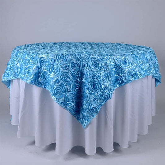 50' x 50" Lt Blue Satin Raised Rosettes Overlay Tablecloth Wedding Party Dining Room Table Linens 50" x 50"