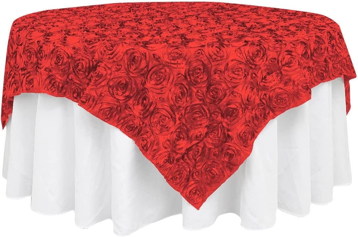 50' x 50" Red Satin Raised Rosettes Overlay Tablecloth Wedding Party Dining Room Table Linens 50" x 50"