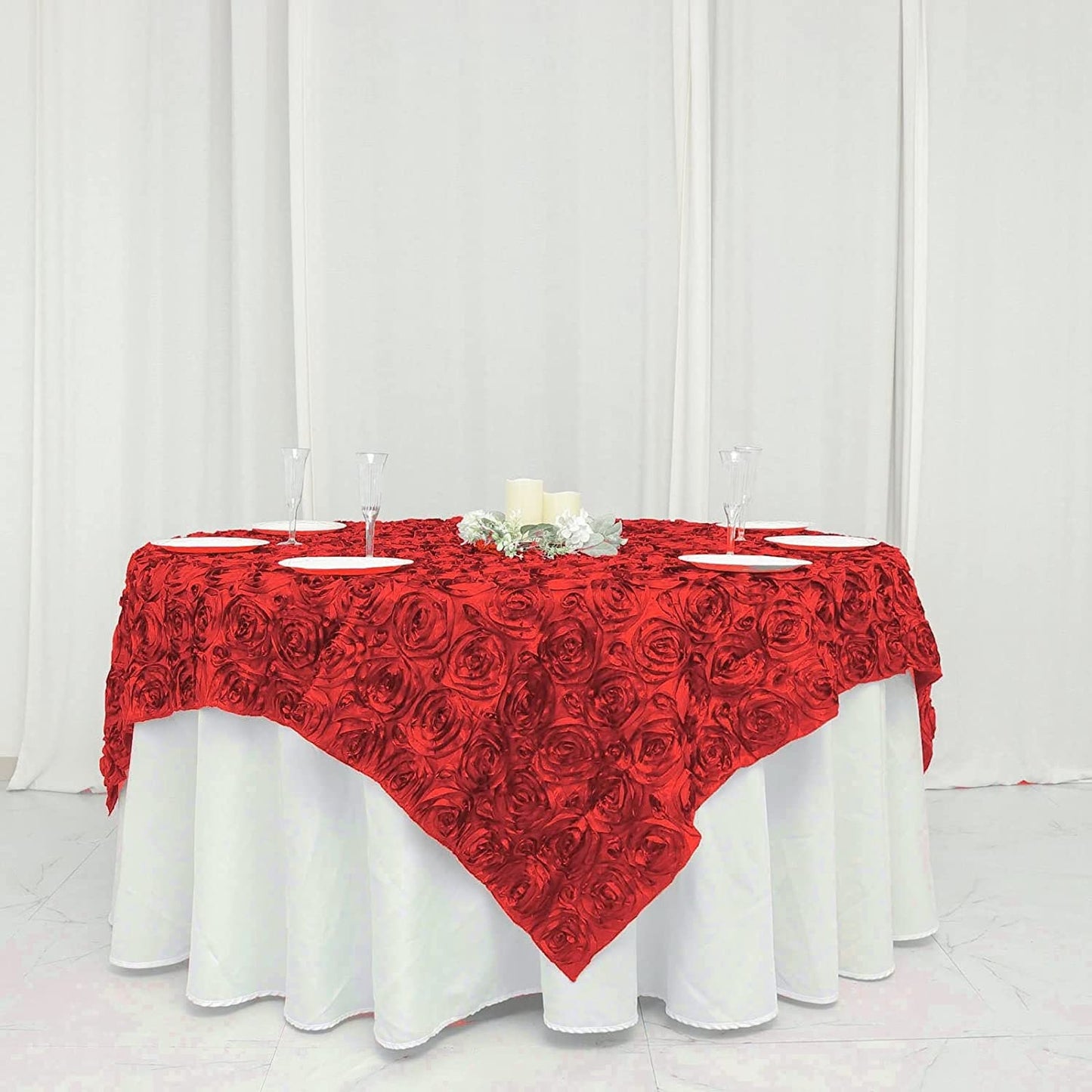 50' x 50" Red Satin Raised Rosettes Overlay Tablecloth Wedding Party Dining Room Table Linens 50" x 50"