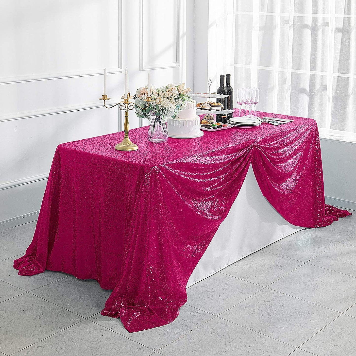 90" Sequin Tablecloth Rectangular Glitter Table Cloths for Birthday Wedding Bridal Baby Shower Party Decorations Fuchsia