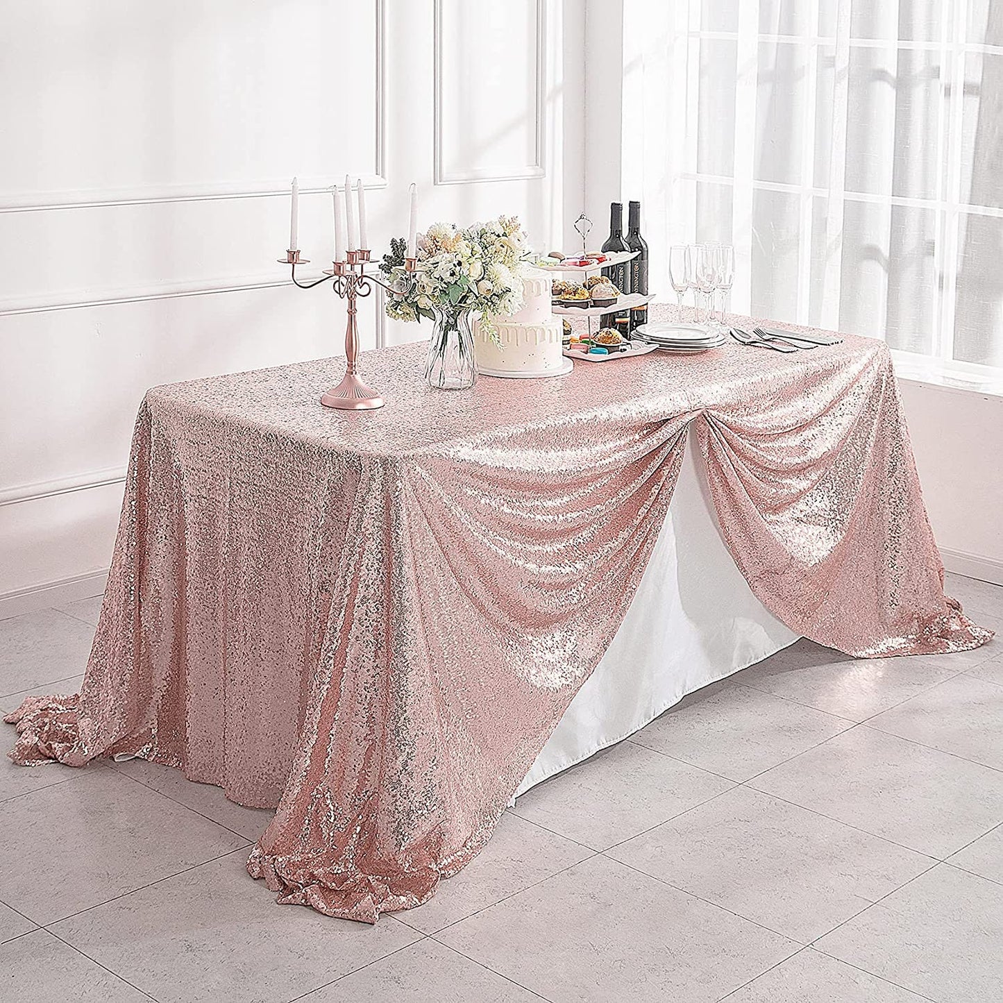 90" Sequin Tablecloth Rectangular Glitter Table Cloths for Birthday Wedding Bridal Baby Shower Party Decorations Rose Gold