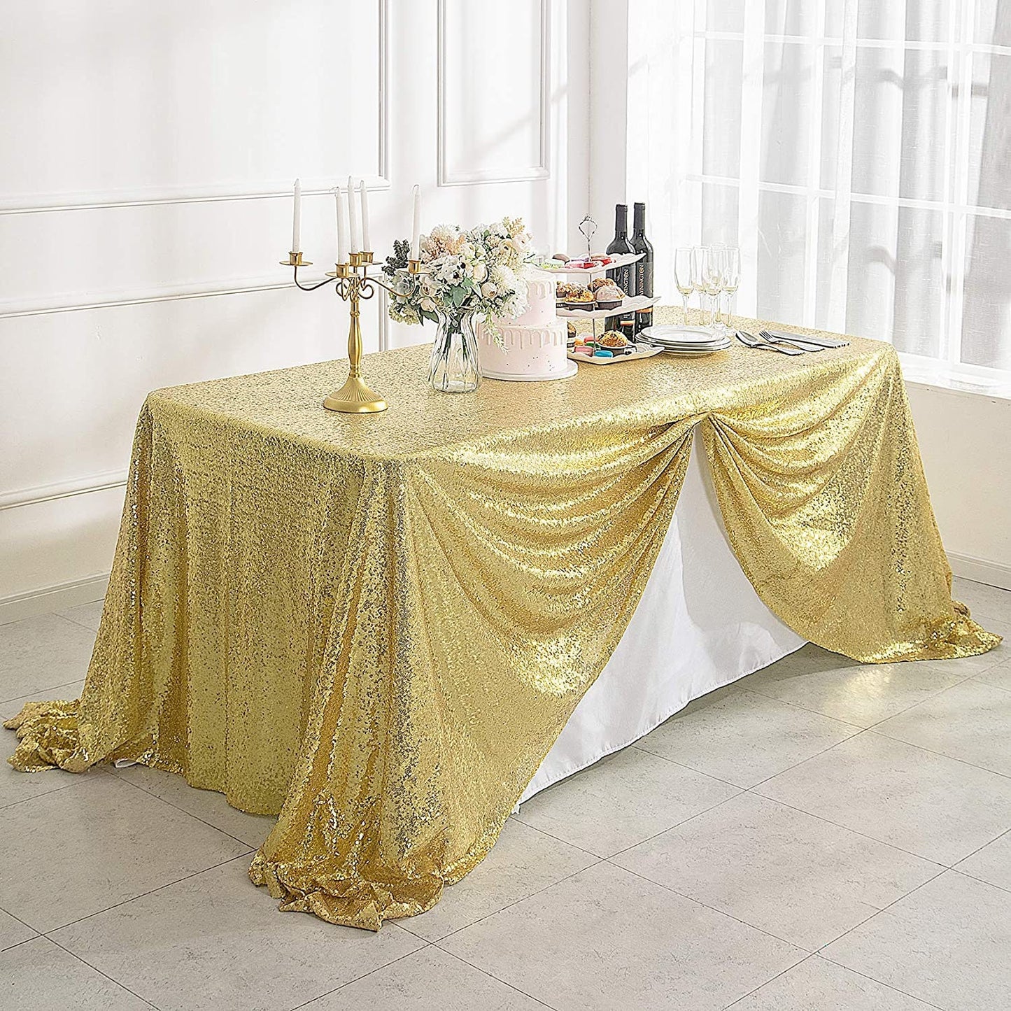 90" Sequin Tablecloth Rectangular Glitter Table Cloths for Birthday Wedding Bridal Baby Shower Party Decorations Gold