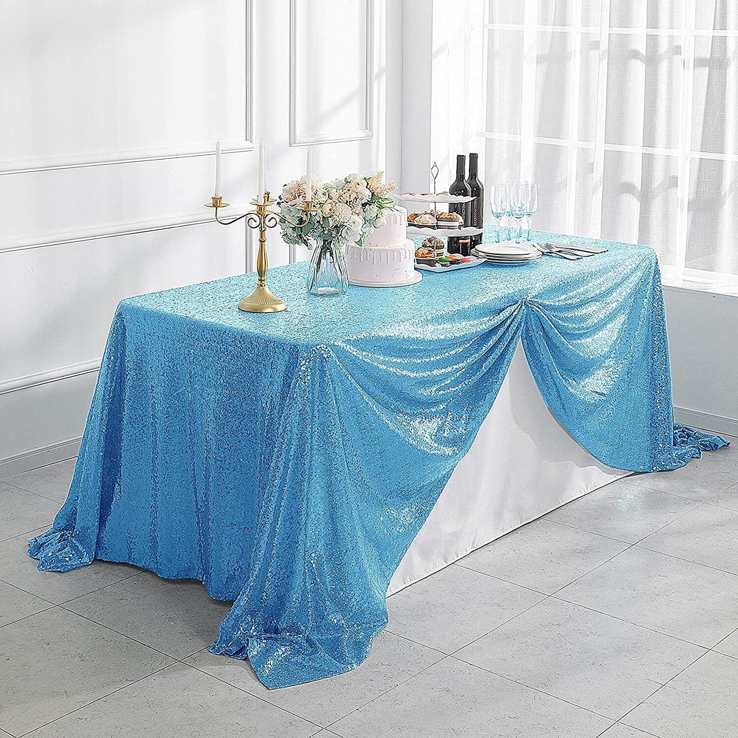 90" Sequin Tablecloth Rectangular Glitter Table Cloths for Birthday Wedding Bridal Baby Shower Party Decorations Blue