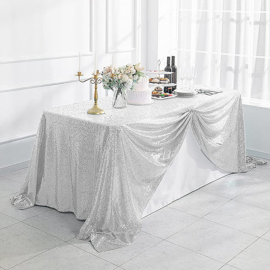 90" Sequin Tablecloth Rectangular Glitter Table Cloths for Birthday Wedding Bridal Baby Shower Party Decorations Silver