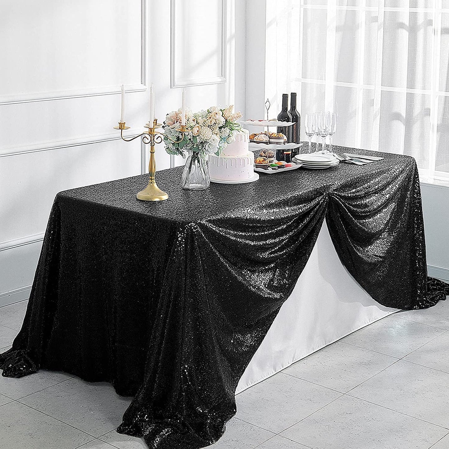 90" Sequin Tablecloth Rectangular Glitter Table Cloths for Birthday Wedding Bridal Baby Shower Party Decorations Black