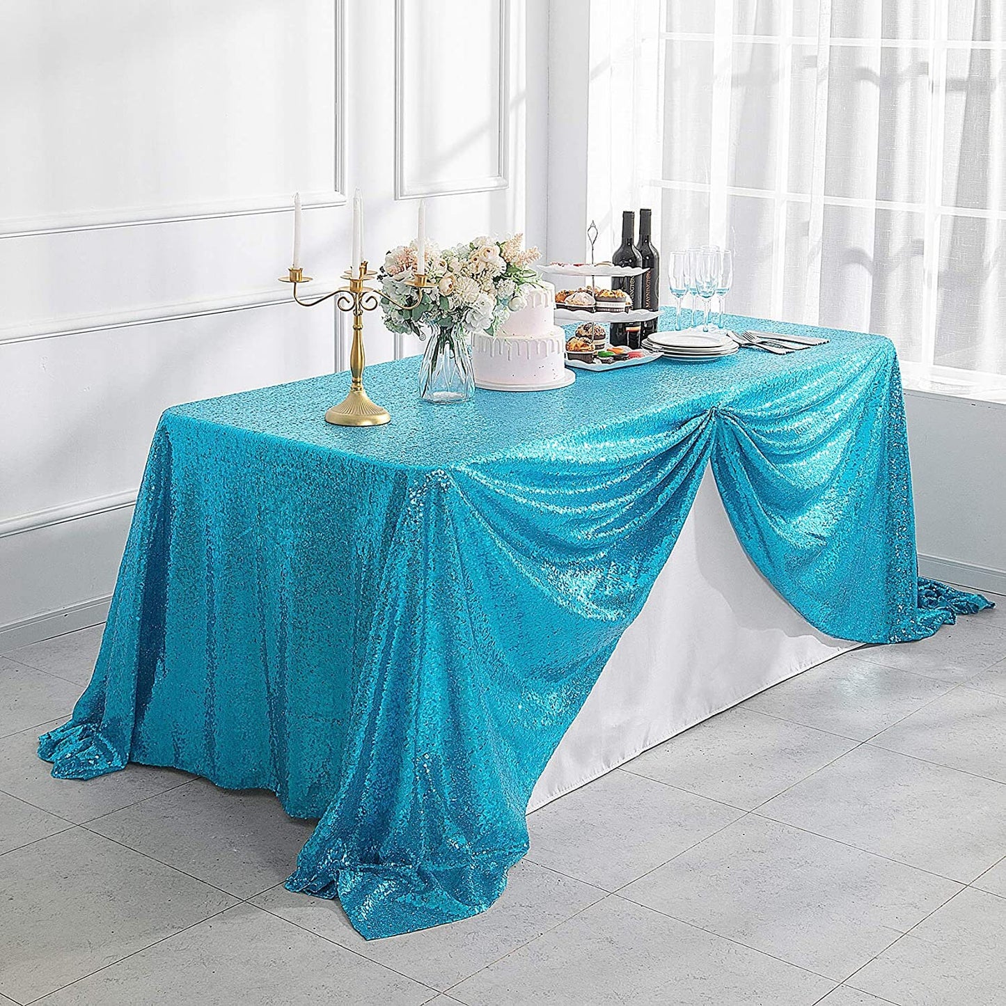 90" Sequin Tablecloth Rectangular Glitter Table Cloths for Birthday Wedding Bridal Baby Shower Party Decorations Turquoise