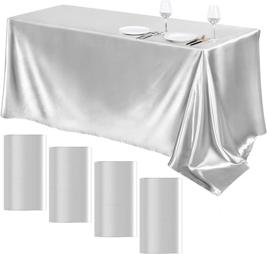 90"  Silver Satin Tablecloth for Wedding Dinning Event Parties Banquet Holiday Decoration Square Rectangle Table Cover