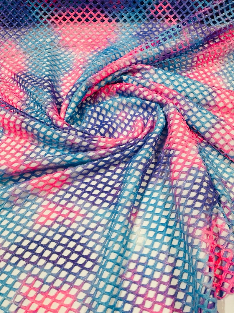 Diamond Fishnet Fabric - Lux Fishnet Diamond Mesh Tie Dye With Silver Glitter 4 Way Stretch 58/60 Inches Wide. Sold by Yard. Hot Pink/Lilac