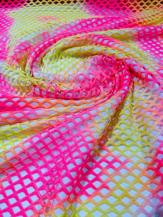 Diamond Fishnet Fabric - Lux Fishnet Diamond Mesh Tie Dye With Silver Glitter 4 Way Stretch Fabric. Sold by Yard. Neon Pink/Neon Yellow