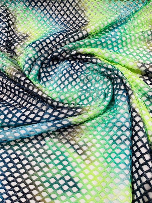 Diamond Fishnet Fabric - Lux Fishnet Diamond Mesh Tie Dye With Silver Glitter 4 Way Stretch Fabric. Sold by Yard. Green/Navy Blue