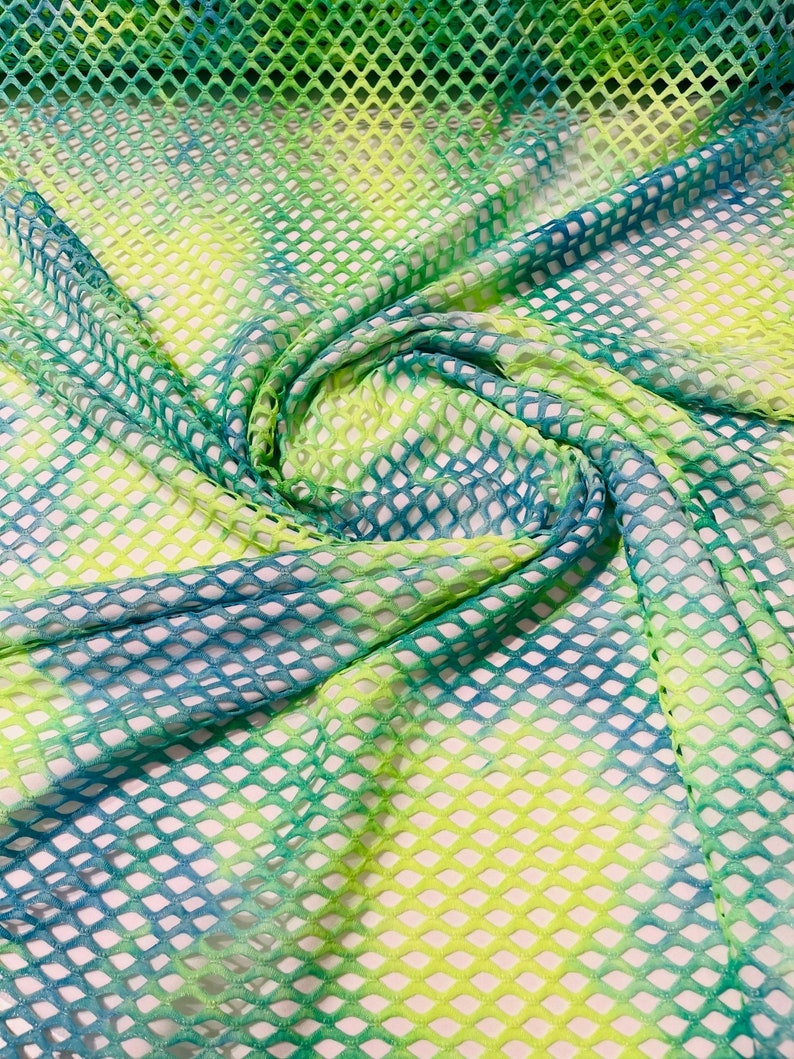 Diamond Fishnet Fabric - Lux Fishnet Diamond Mesh Tie Dye With Silver Glitter 4 Way Stretch Fabric. Sold by Yard. Green/Blue