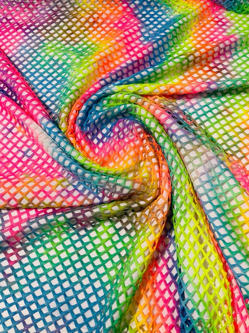 Diamond Fishnet Fabric - Lux Fishnet Diamond Mesh Tie Dye With Silver Glitter 4 Way Stretch Fabric. Sold by Yard. Rainbow